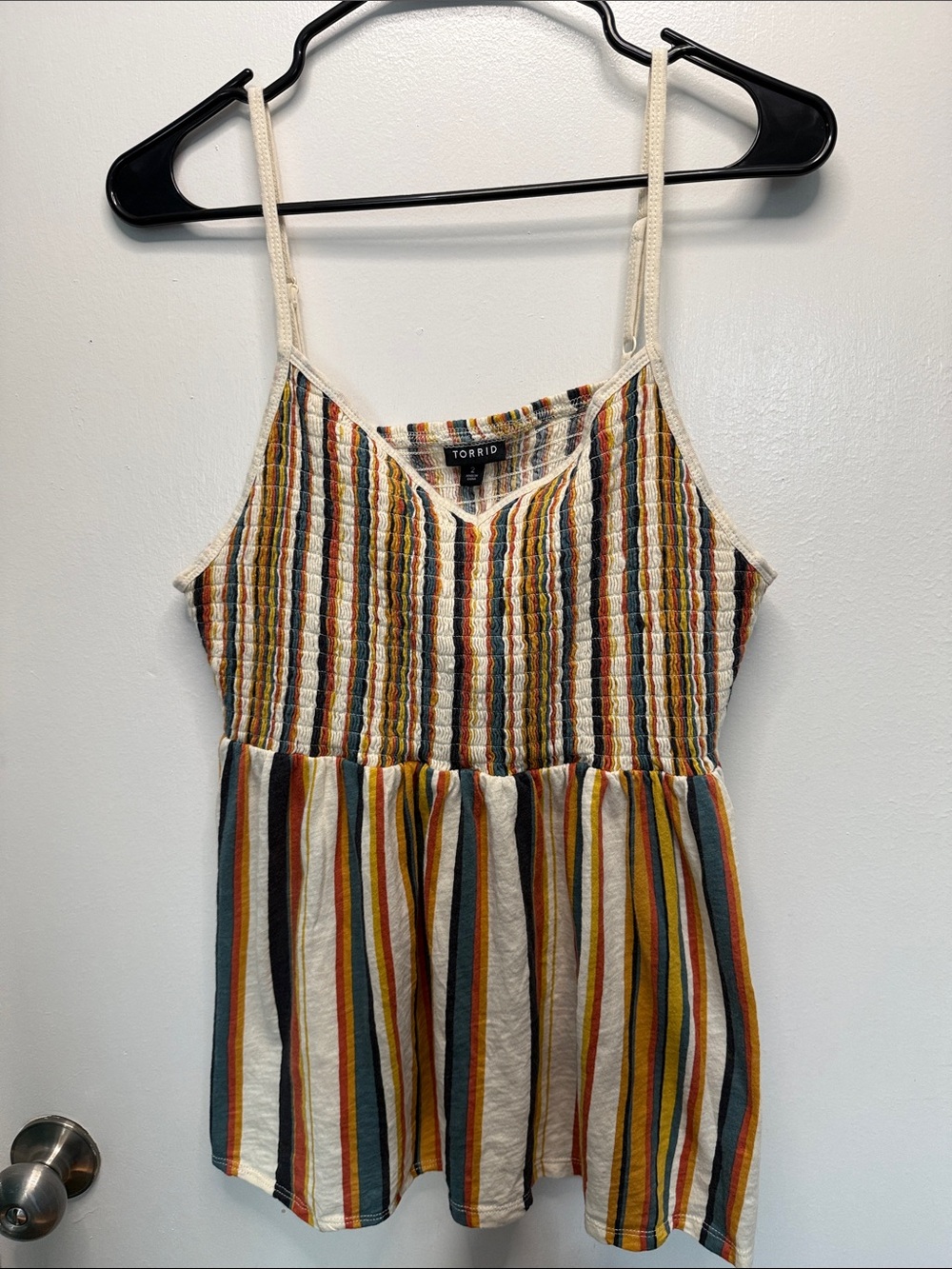 torrid Cream Multicolor Striped Smocked Spaghetti Strap Shirt